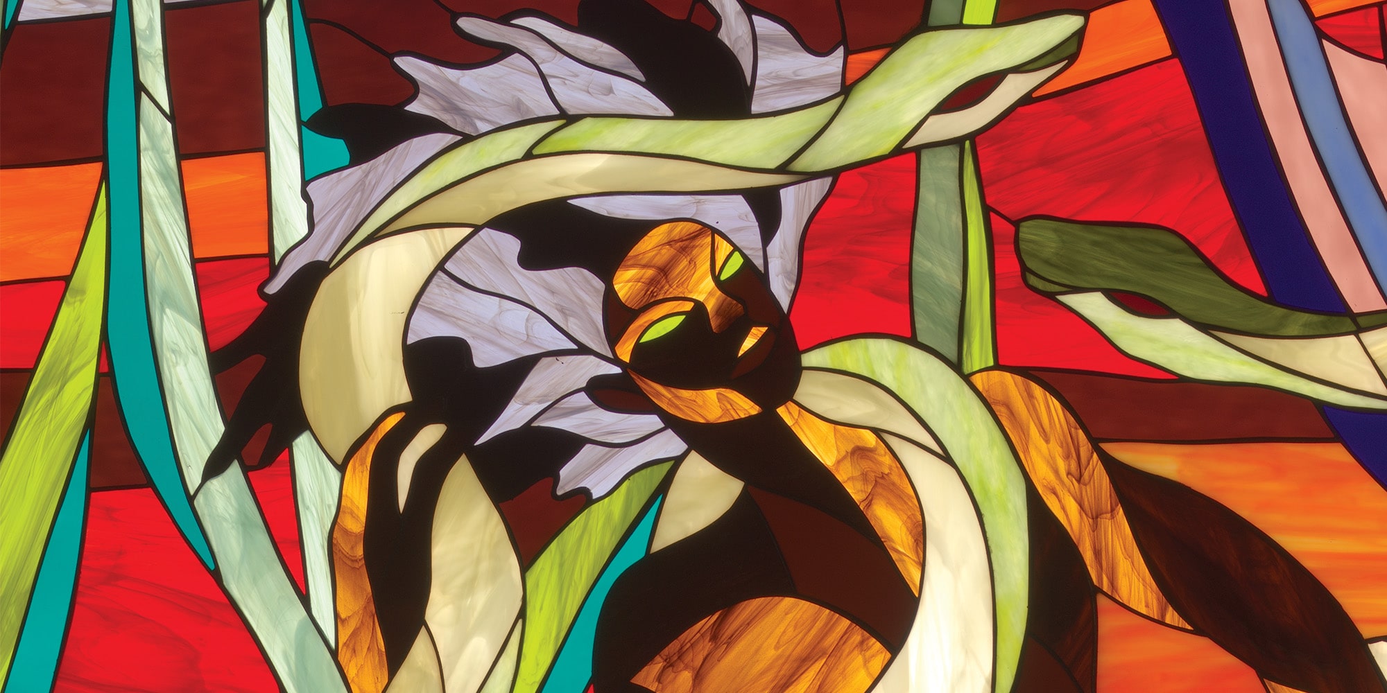 Nala Damajanti as Mami Wata as Cymbee, 2022 Stained glass lightbox, Christopher Myers, Blaffer Art Museum