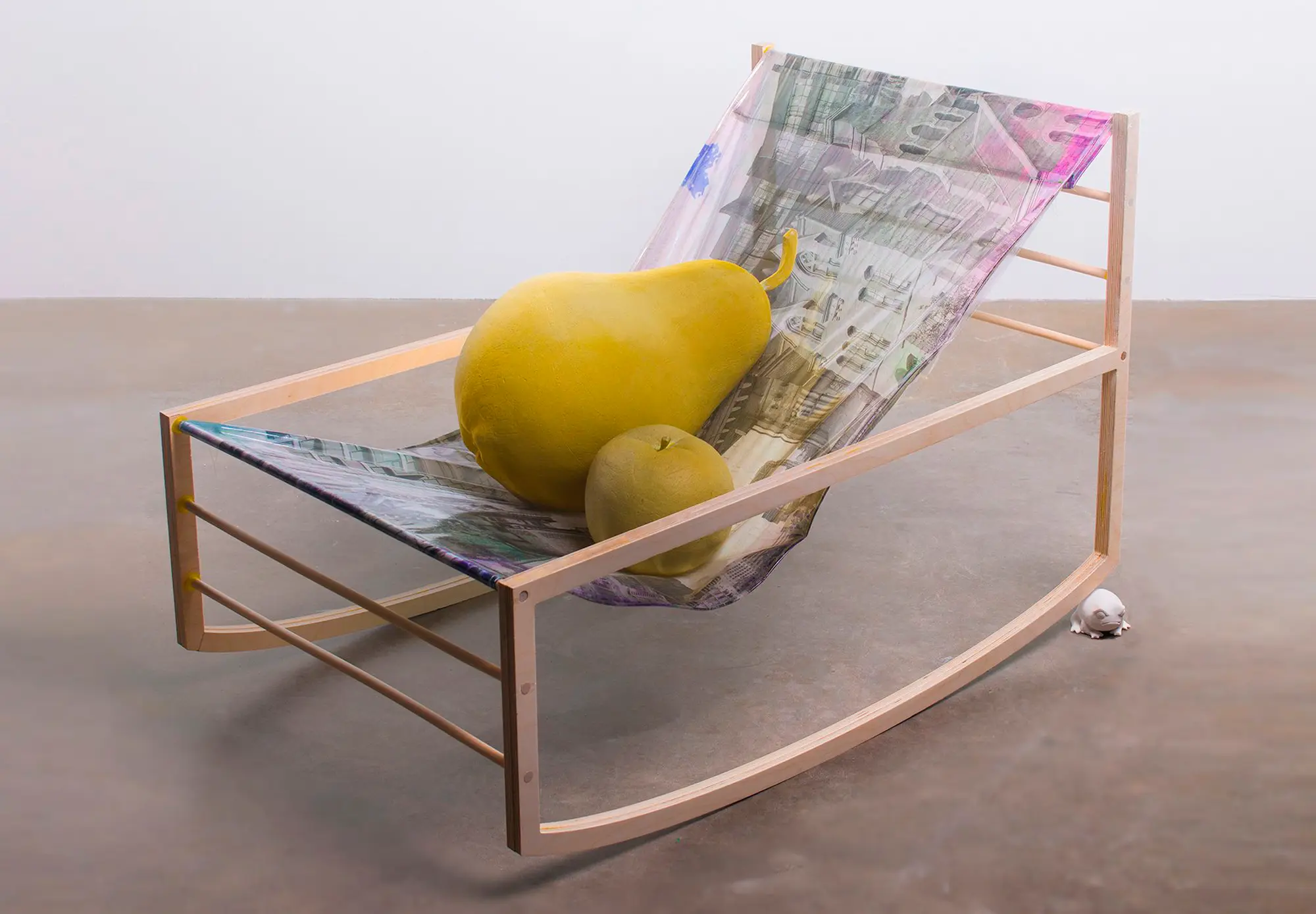 Audrey An, Pear Here Pear There (2021) Stoneware with Underglaze, CNC-Milled Pine with 3D: Courtesy of the Artist