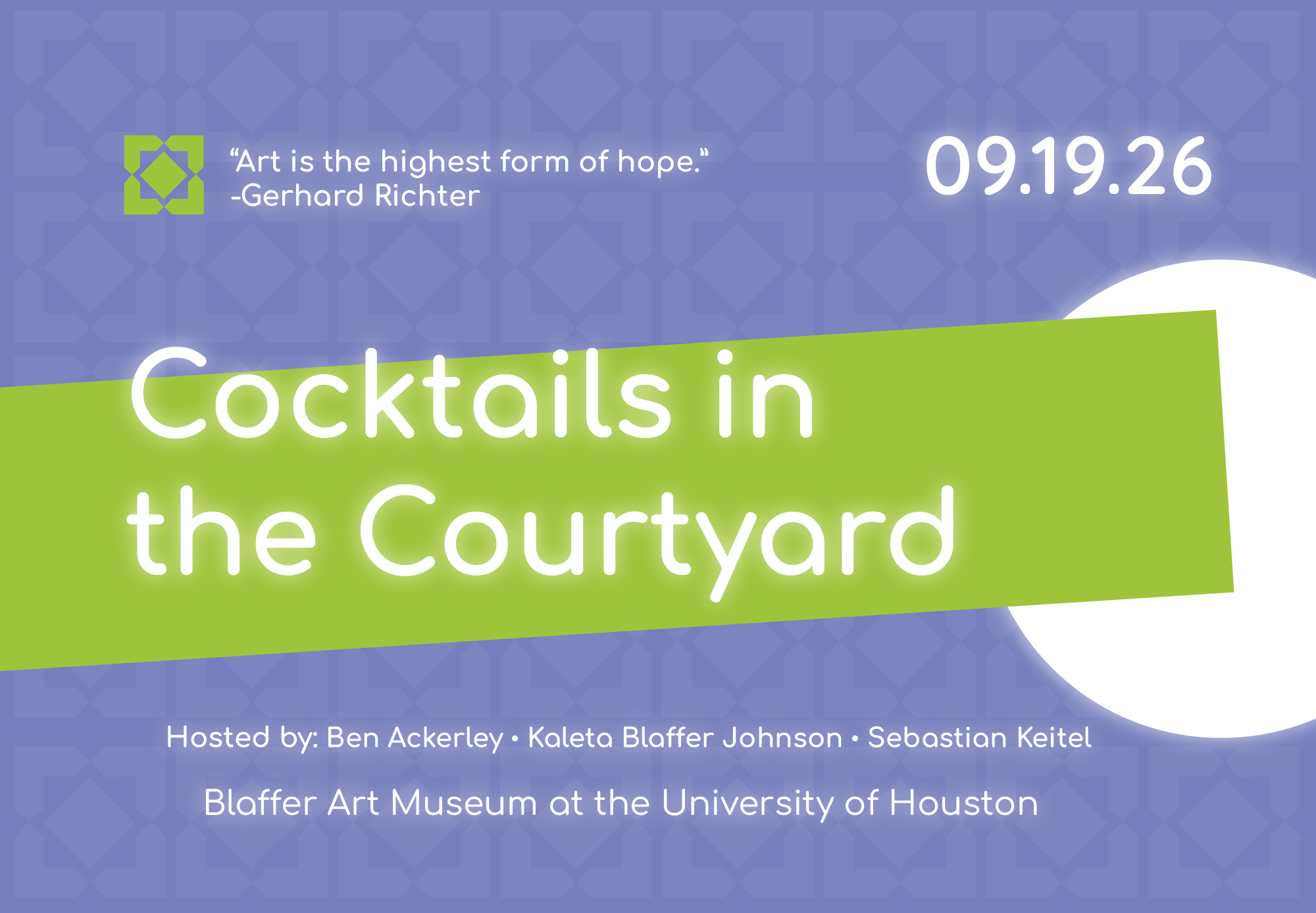 On Saturday, September 19, 2026, 5pm-8pm, the Blaffer Art Museum is hosting its first annual fundraising garden party, Cocktails in the Courtyard.